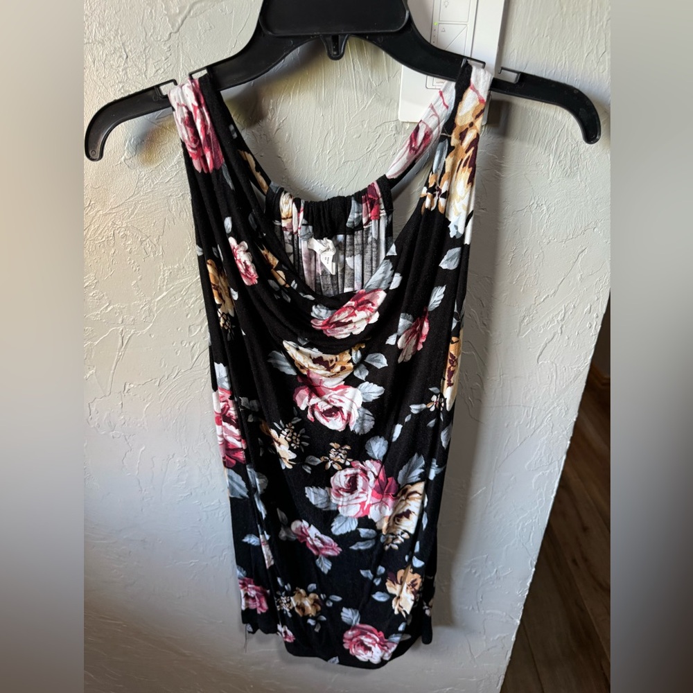Maurices Black Floral Tank Top with Pink and Cream Roses